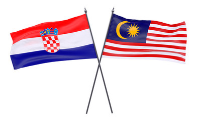Croatia and Malaysia, two crossed flags isolated on white background. 3d image