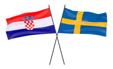 Croatia and Sweden, two crossed flags isolated on white background. 3d image
