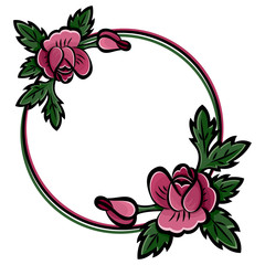 Decorative round flower frame with bouquet of pink roses, buds and green leaves with black stroke. Botanical hand drawn, place for text. Isolated on white background. Eps10 vector illustration.