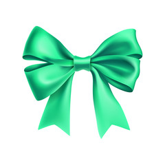 Romantic mint ribbon bow isolated on white background. Realistic decoration for holidays events. Glossy decor object from satin vector illustration. Christmas or birthday decoration element.