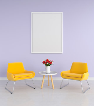 Blank photo frame for mockup in living room, 3D rendering
