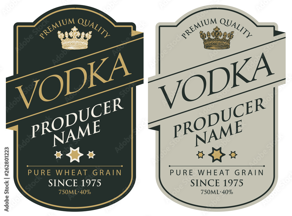 Poster set of two vector labels for vodka in the figured frame with crown and inscriptions on black and gre