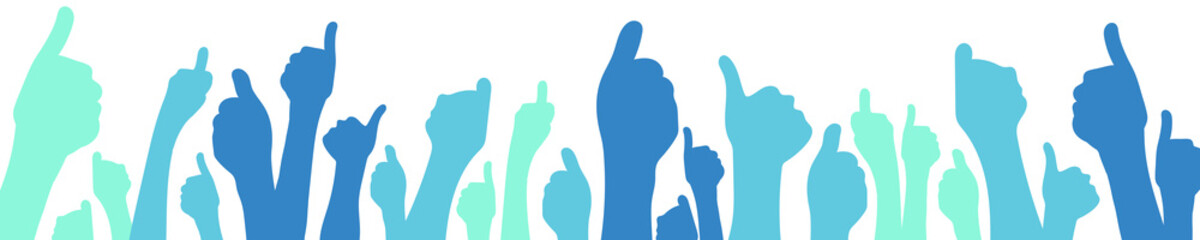 Viele farbige Hände strecken Daumen nach oben, Panorama