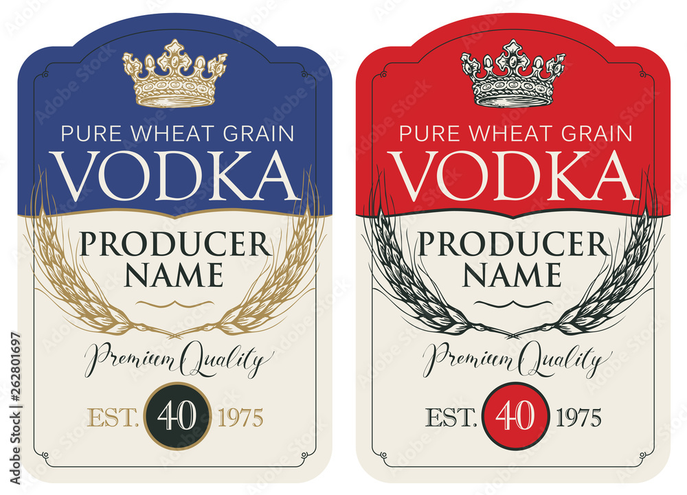 Poster set of two vector labels for vodka in the figured frame with crown, ears of wheat and inscriptions i