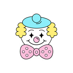 Cute circus clown vector outlined illustration icon. Hand drawn carnival, funfair clown performer. Clown with pink nose, blue beret, yellow hair and big pink bow tie. Isolated.