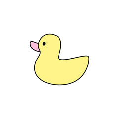 Cute yellow duck toy vector outlined illustration icon.  