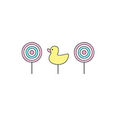 Cute shooting gallery vector outlined illustration. Classic targets and duck.  