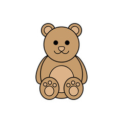 Cute teddy bear toy vector outlined illustration icon. Plush, stuffed brown sitting bear. Isolated.