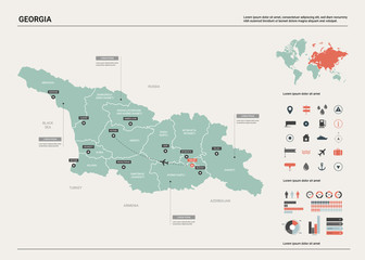 Naklejka premium Vector map of Georgia. High detailed country map with division, cities and capital Tbilisi. Political map, world map, infographic elements.
