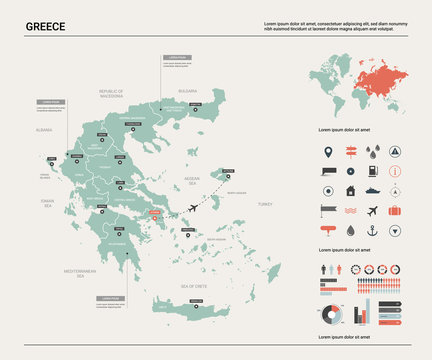 Vector map of Greece.  High detailed country map with division, cities and capital Athens. Political map,  world map, infographic elements.
