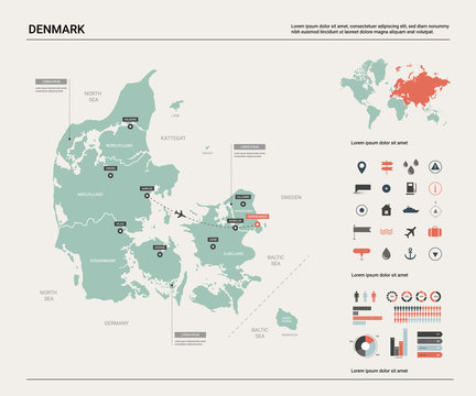 Vector map of Denmark.  High detailed country map with division, cities and capital Copenhagen. Political map,  world map, infographic elements.