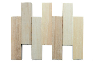 abstract geometric figure from wooden cubes, on an uneven white background. Horizontal frame