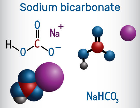 Sodium bicarbonate molecule, known as baking soda. Structural chemical formula and molecule model