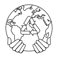 hands protecting earth planet with recycle arrows