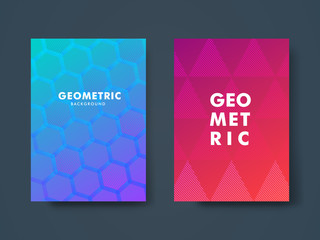 Naklejka na ściany i meble Set of two modern cover design with geometric shape and vibrant gradient. Template for poster, cover, banner, flyer