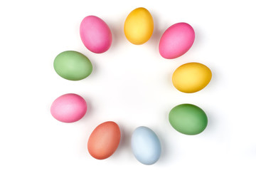 Easter holiday symbols colorful eggs circle background white and pattern colors