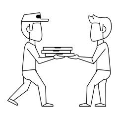 Pizza guy delivering to customer in black and white