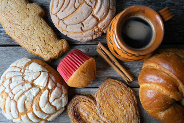 Set of mexican sweet bread and coffee