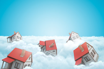 3d rendering of set of one-storeyed detached houses on layer of white fluffy clouds.
