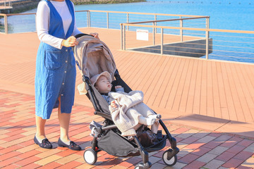 유모차에 아이를 태우고 해변을 산책하는 여성