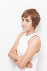 Portrait of woman with short brown hair