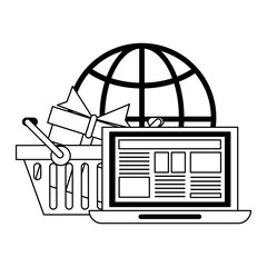 Online shopping and payment in black and white