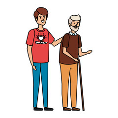 young man volunteer helping a grandfather