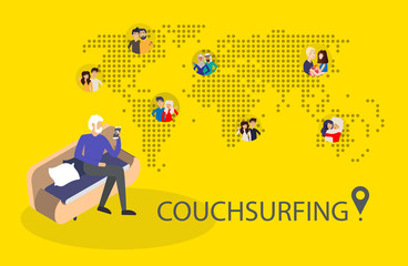 Design concept of couchsurfing with dotted world map, white man and different characters people and background for website and mobile website. Vector illustration.