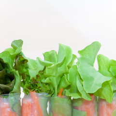 Salad roll on a wood dish in white background