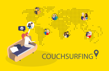 Design concept of couchsurfing with dotted world map, woman and different characters people and background for website and mobile website. Vector illustration.