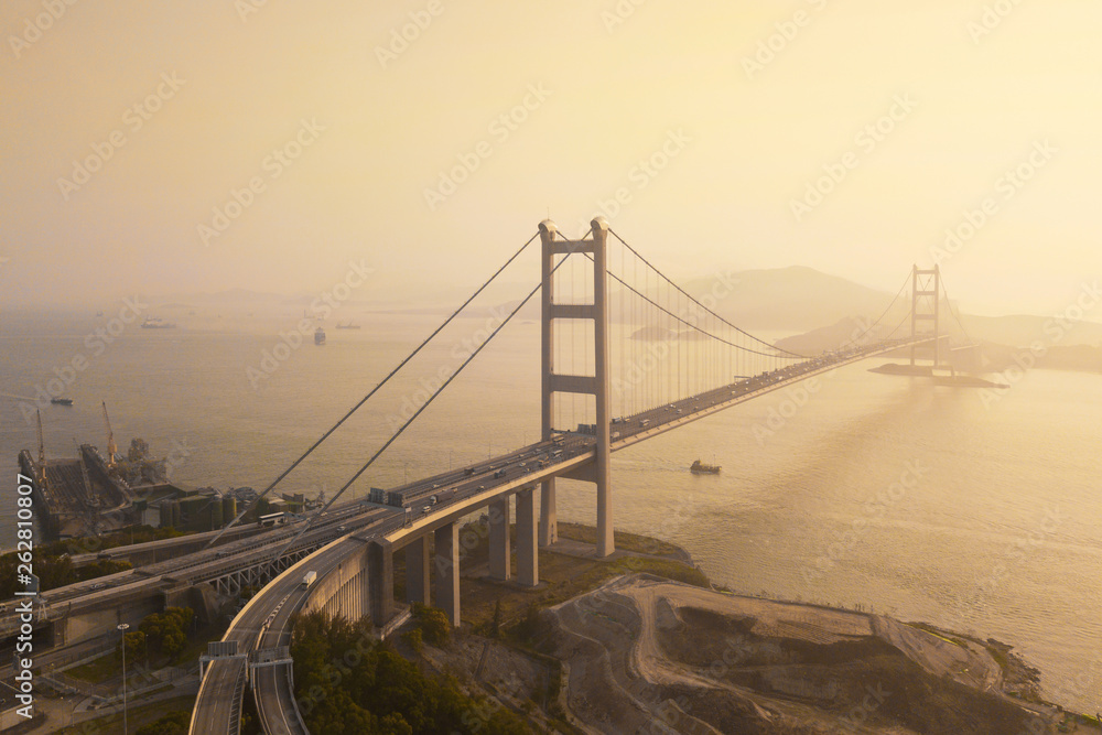 Poster aerial view of tsing ma bridge. highways in hong kong with structure of suspension architecture in t