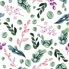 Seamless Pattern of Watercolor Herbs and Berries