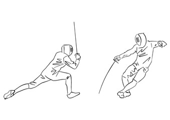 Fencing championship. Contour drawing. Fencer at tournament. Two fencing athletes. Fighting swordsmen in protective sportswear. Vector hand drawn illustration. Isolated silhouette.