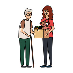 woman volunteer giving a old man donations box