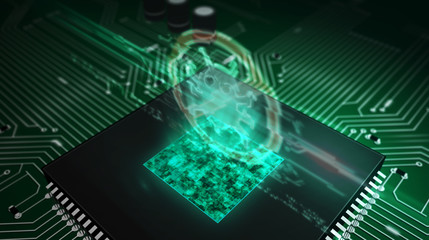 CPU on board with antivirus hologram