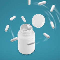 3D White can with vitamins. Bottle with white pills. 3d render capsules. 3D image. 3D model