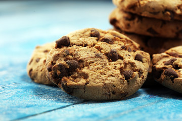 Chocolate cookies on wooden table. Chocolate chip cookies