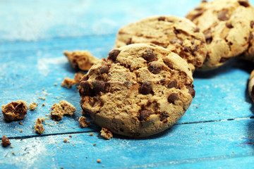 Chocolate cookies on wooden table. Chocolate chip cookies