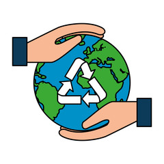 hands protecting earth planet with recycle arrows
