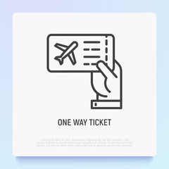 One way ticket on airplane in hand thin line icon. Modern vector illustration.
