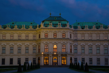 The central part of the old Belvedere Palace close-up in the April twilight, Vienna