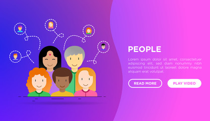 People concept with flat icons set: smiling cartoon male and female heads. Avatars of people with different races: caucasian, asian, african, hindu. Modern vector illustration, web page template.
