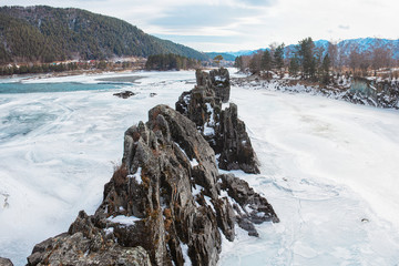 Fast mountain river Katun at winter