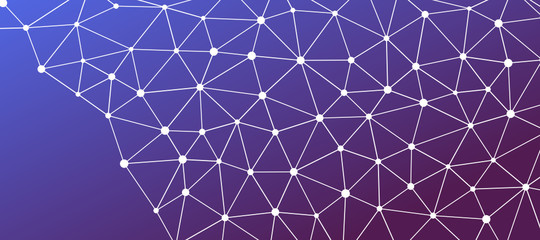 Abstrakt verbundene Punkte auf farbigem Hintergrund, technisch abstrakter Hintergrund. Technologiekonzept, LowPoly, Polygone, Dreiecke, Netzwerk, Soziales Netzwerk, IOT, Internet