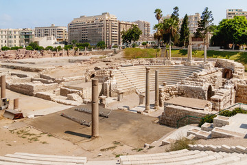 Ruins of the Roman amphitheatre of the II—IV centuries. Architectural landmark in Alexandria,...