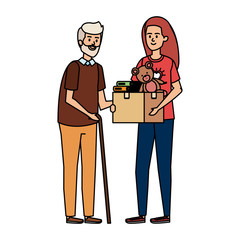 woman volunteer giving a old man donations box