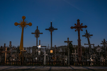 Siauliai, Lithuania  Night view of the Hill of Crosses, or, Kryžių kalnas, a pilgrimage site for Catholics and is a collection of 100,000 crosses.