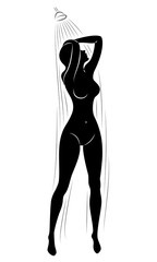 Silhouette of a cute lady. The girl washes in the shower. The woman has a beautiful slim figure. Vector illustration.
