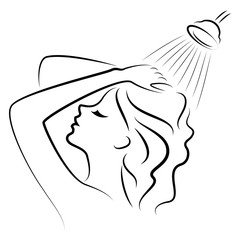 Silhouette of a cute young lady. The girl washes in the shower. A woman washes her hair with shampoo. Vector illustration.