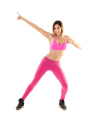 Fototapeta premium Instruktor fitness tańca zumba robi sportowe ćwiczenia aerobowe. Trener motywacyjny